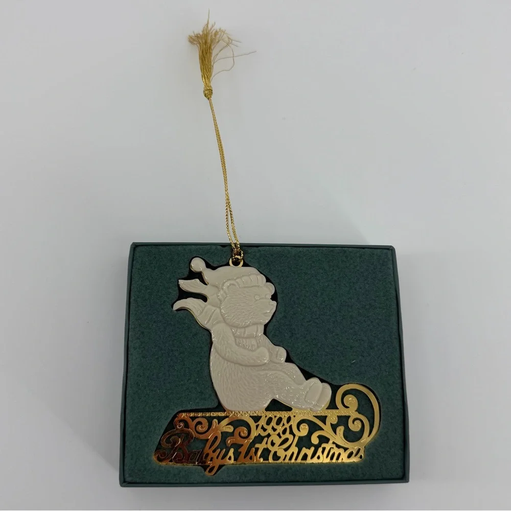 Lenox Ivory Teddy Bear on Gold Sled Baby's First Christmas 1998 Ornament in Box